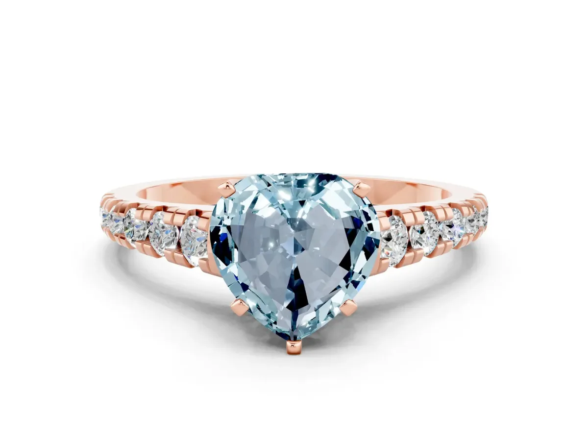 Heart Cut Aquamarine Cathedral Solitaire Ring with Round Pavé Band Rose gold