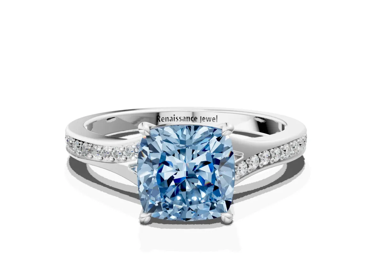Fancy Blue Cushion Cut Diamond Solitaire Ring with Pavé Band and Prong Setting Silver