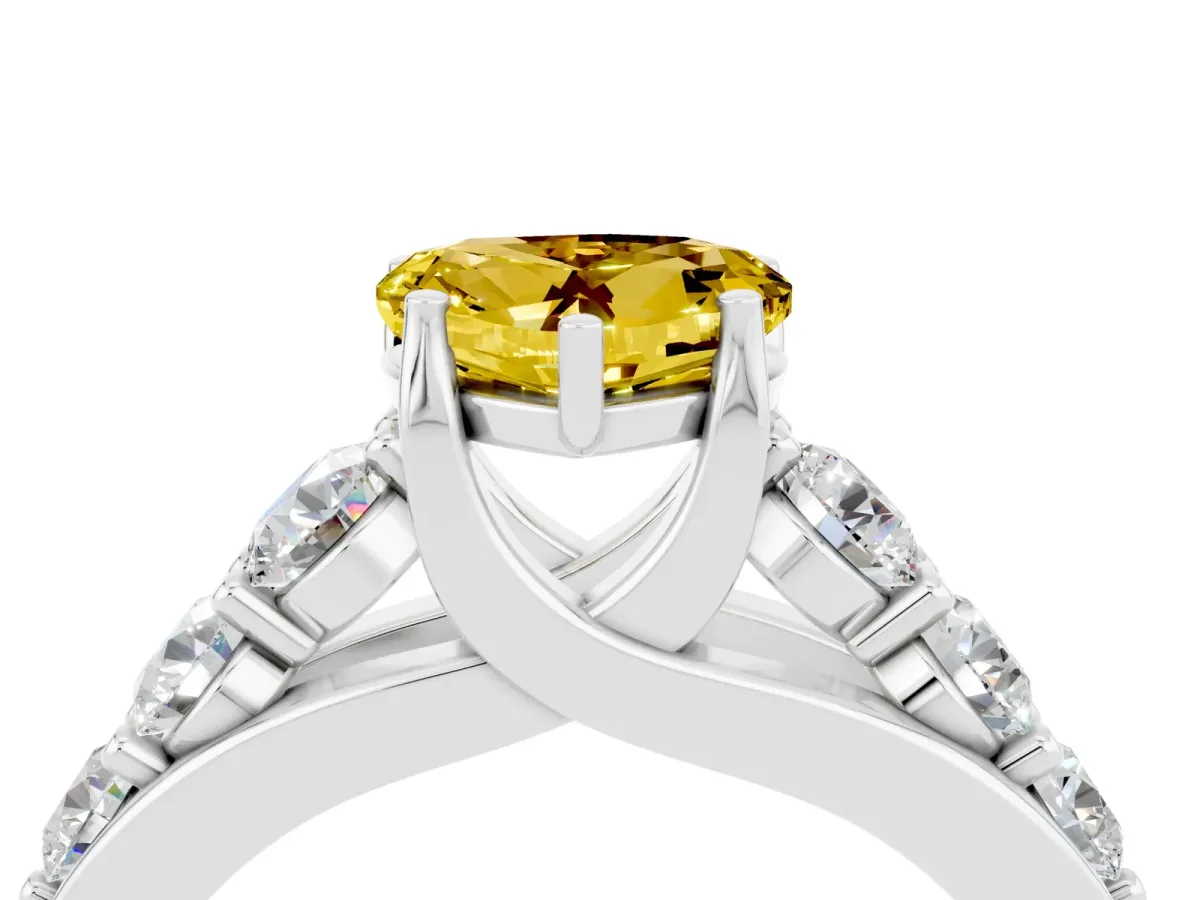 Heart Cut Yellow Sapphire Engagement Ring with Pavé Band and Four-Prong Setting White gold