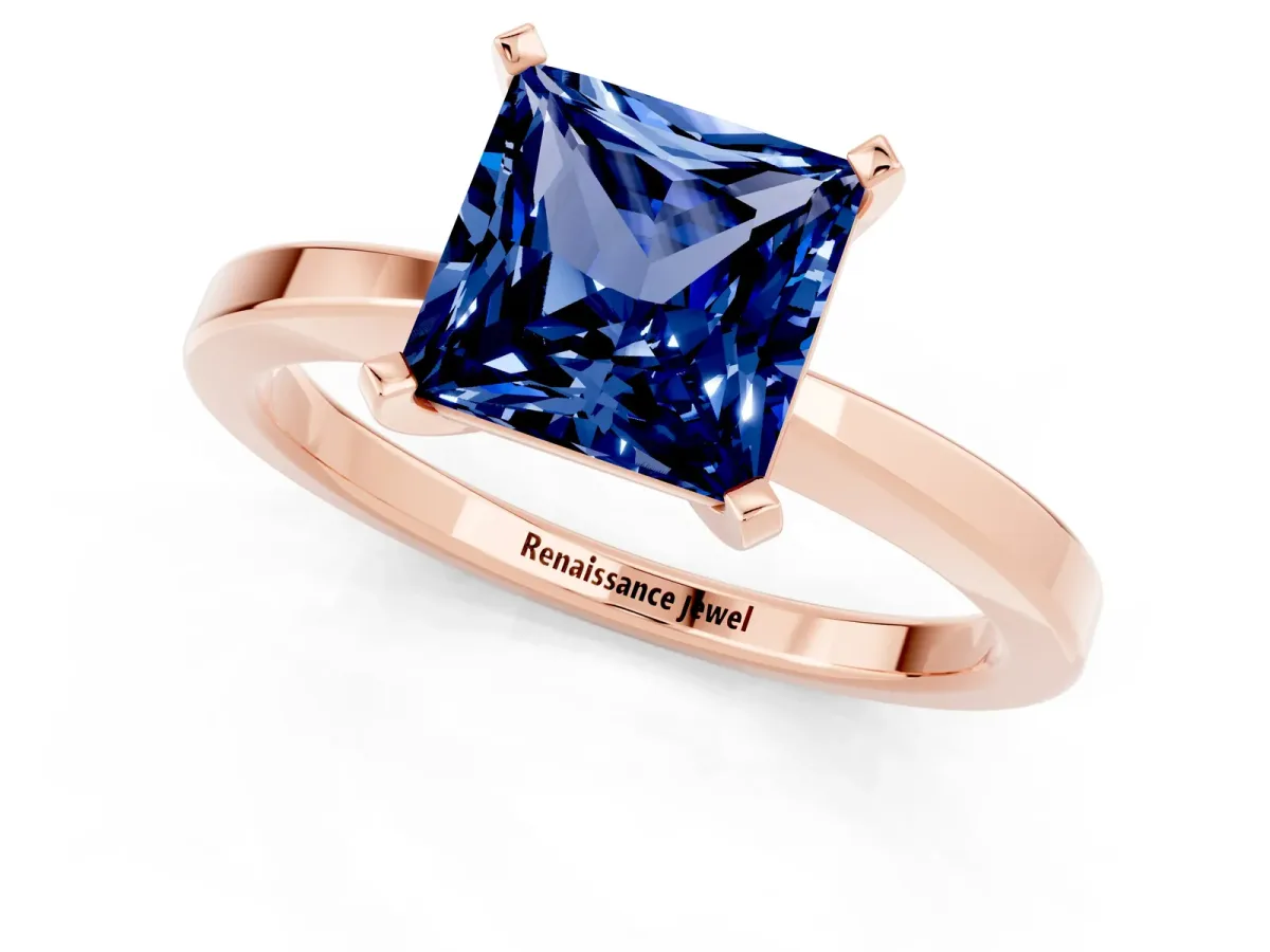 Princess Cut Blue Sapphire Solitaire Engagement Ring with Classic Band and Four-Prong Setting Rose gold