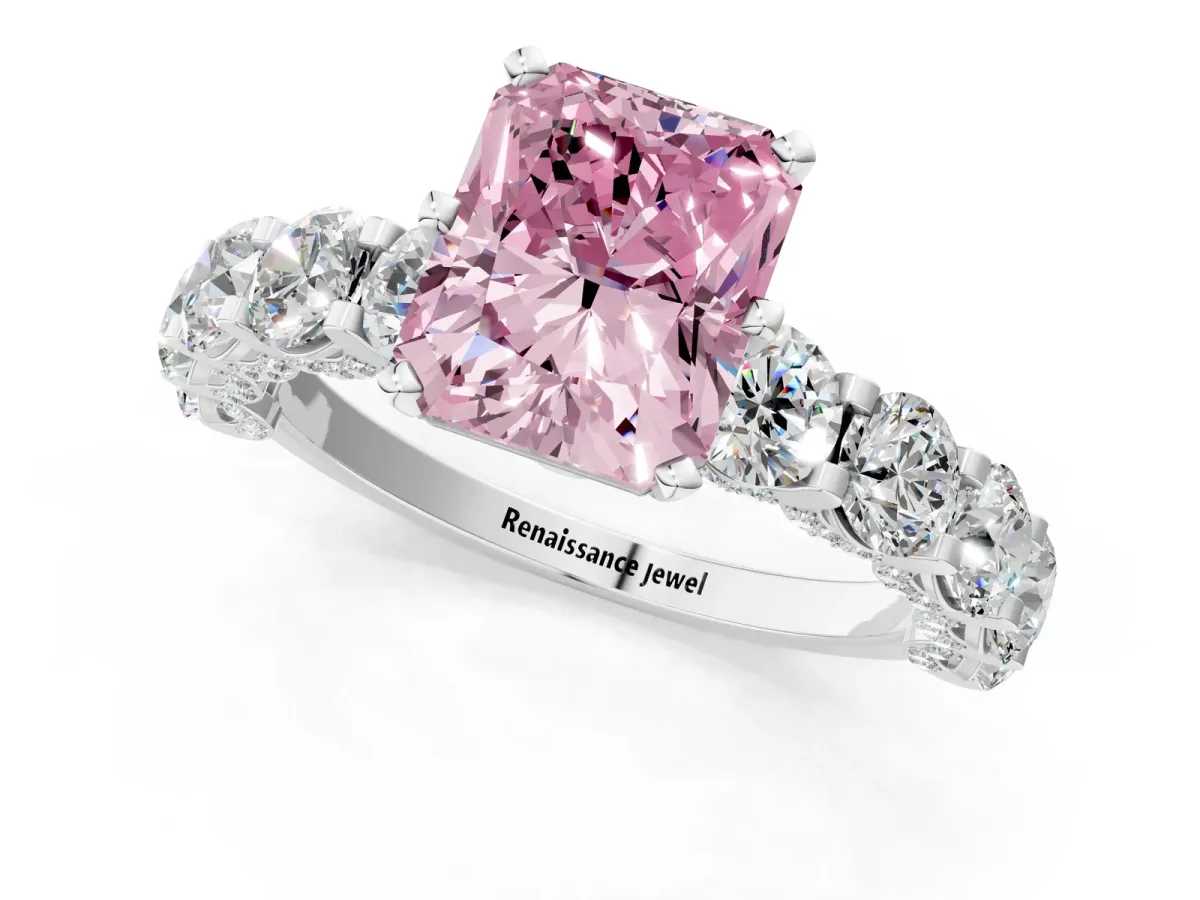 Fancy Pink Radiant Cut Diamond Side Stone Engagement Ring with Four-Prong Setting White gold