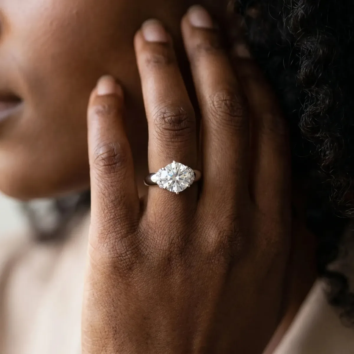 Round Cut Brilliant Solitaire Cathedral Engagement Ring with Pave Accents Silver