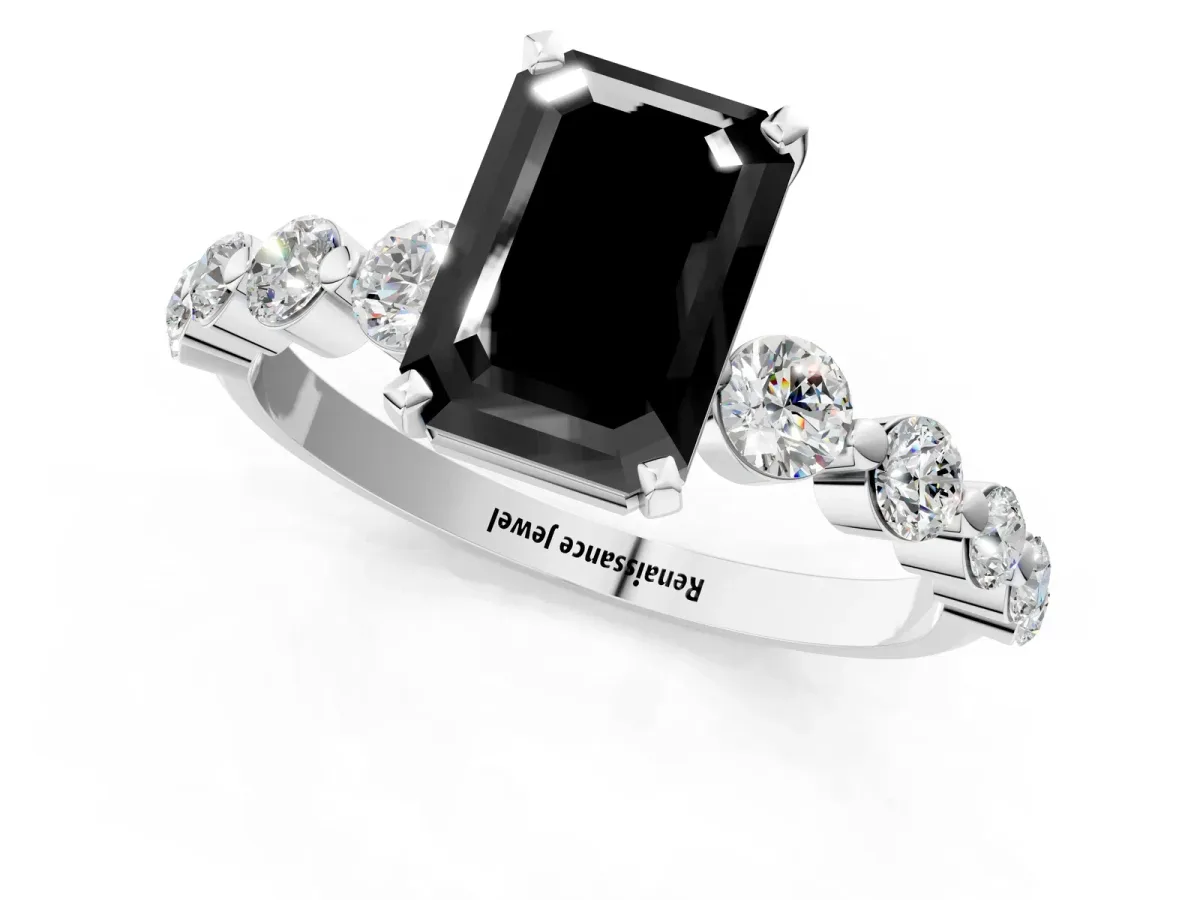 Fancy Black Emerald Cut Solitaire Diamond Ring with Pave Band and Four-Prong Setting Silver