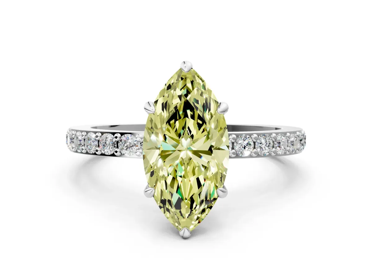 Fancy Yellow Marquise Cut Diamond Solitaire Engagement Ring with Pavé Band and Four-Prong Setting White gold