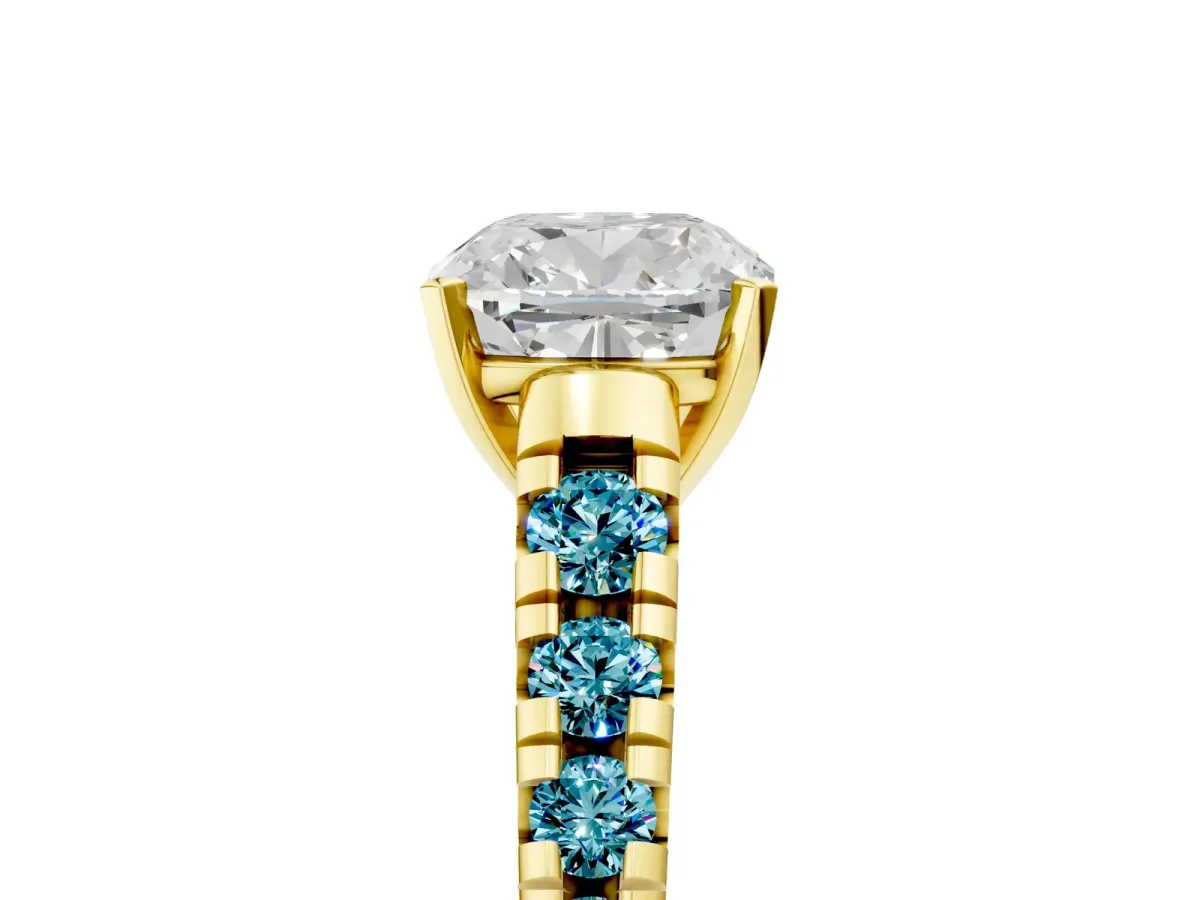 Cushion Cut Diamond Cathedral Solitaire Ring with Round Blue Topaz Pavé Band Yellow gold