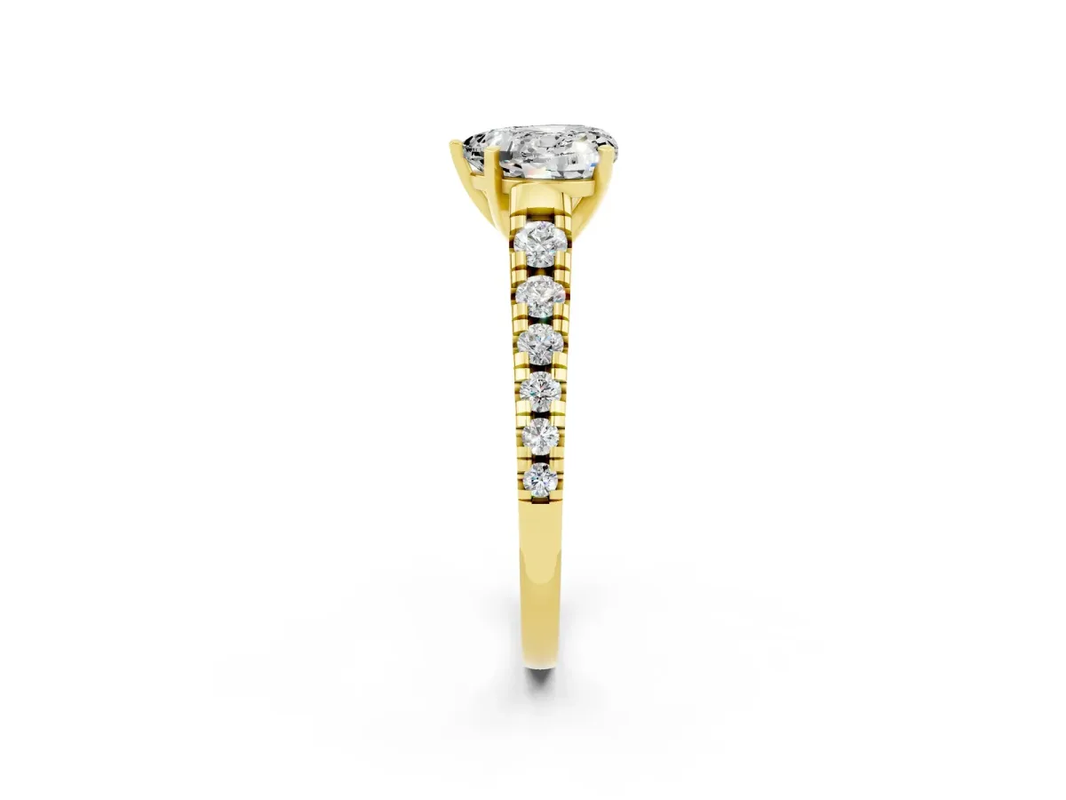 Heart Cut Moissanite Cathedral Solitaire Ring with Round Pavé Band Yellow gold