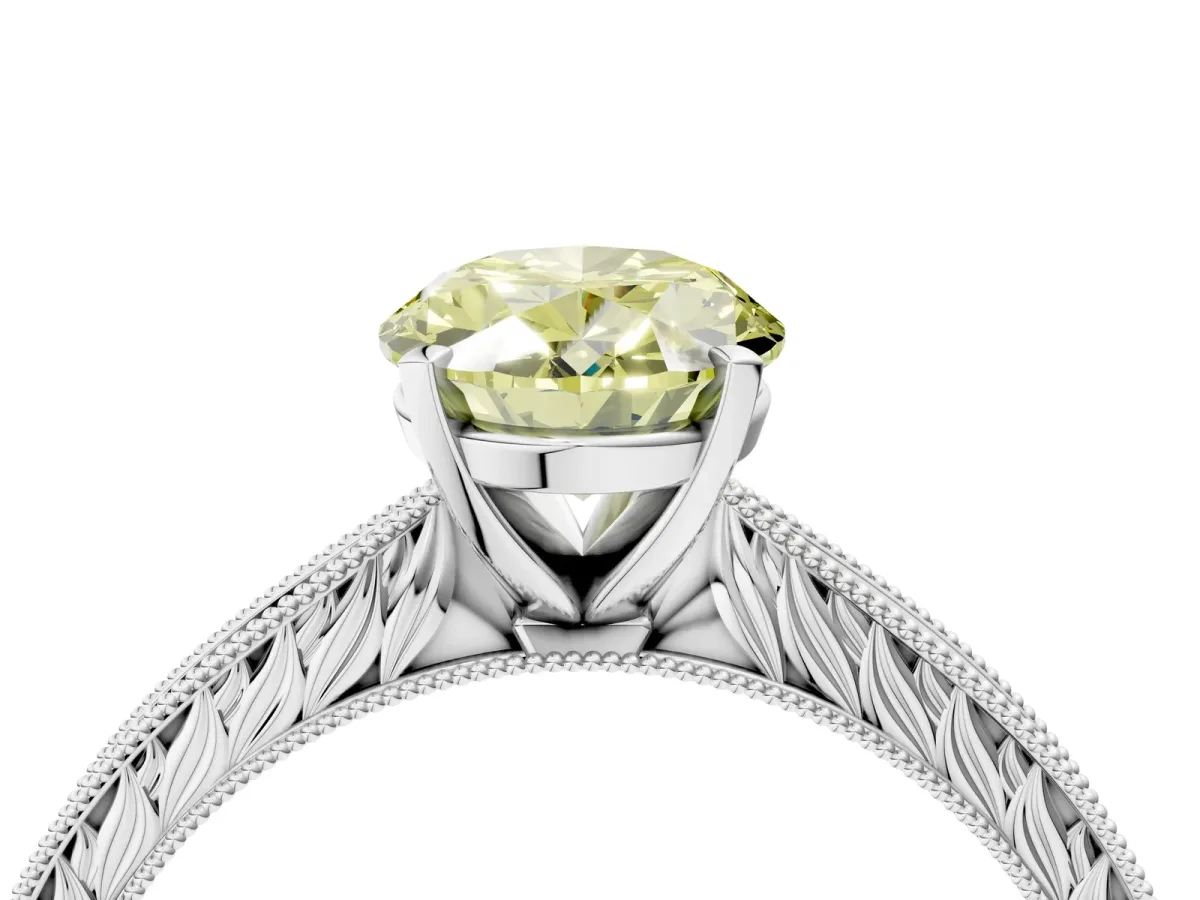 Fancy Yellow Oval Cut Solitaire Milgrain Engraved Band with Four-Prong Setting White gold