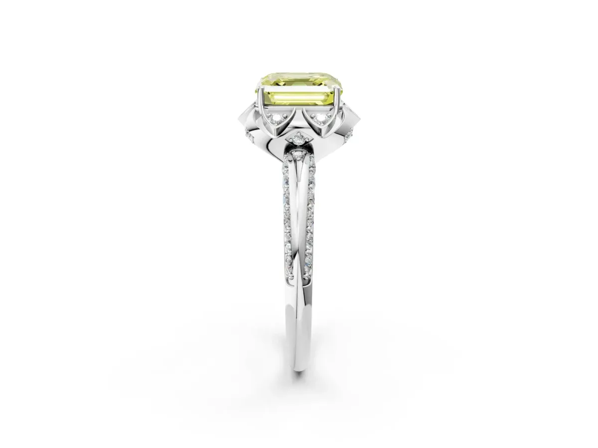 Fancy Yellow Asscher Cut Halo Split Shank Pave Diamond Ring with Petal Prong Setting Platinum