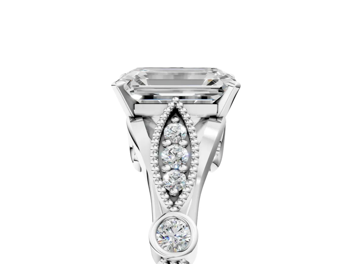 Emerald Cut Cut Diamond with Milgrain Marquise and Bezel Accents on a Solitaire Band with Prong Setting Platinum