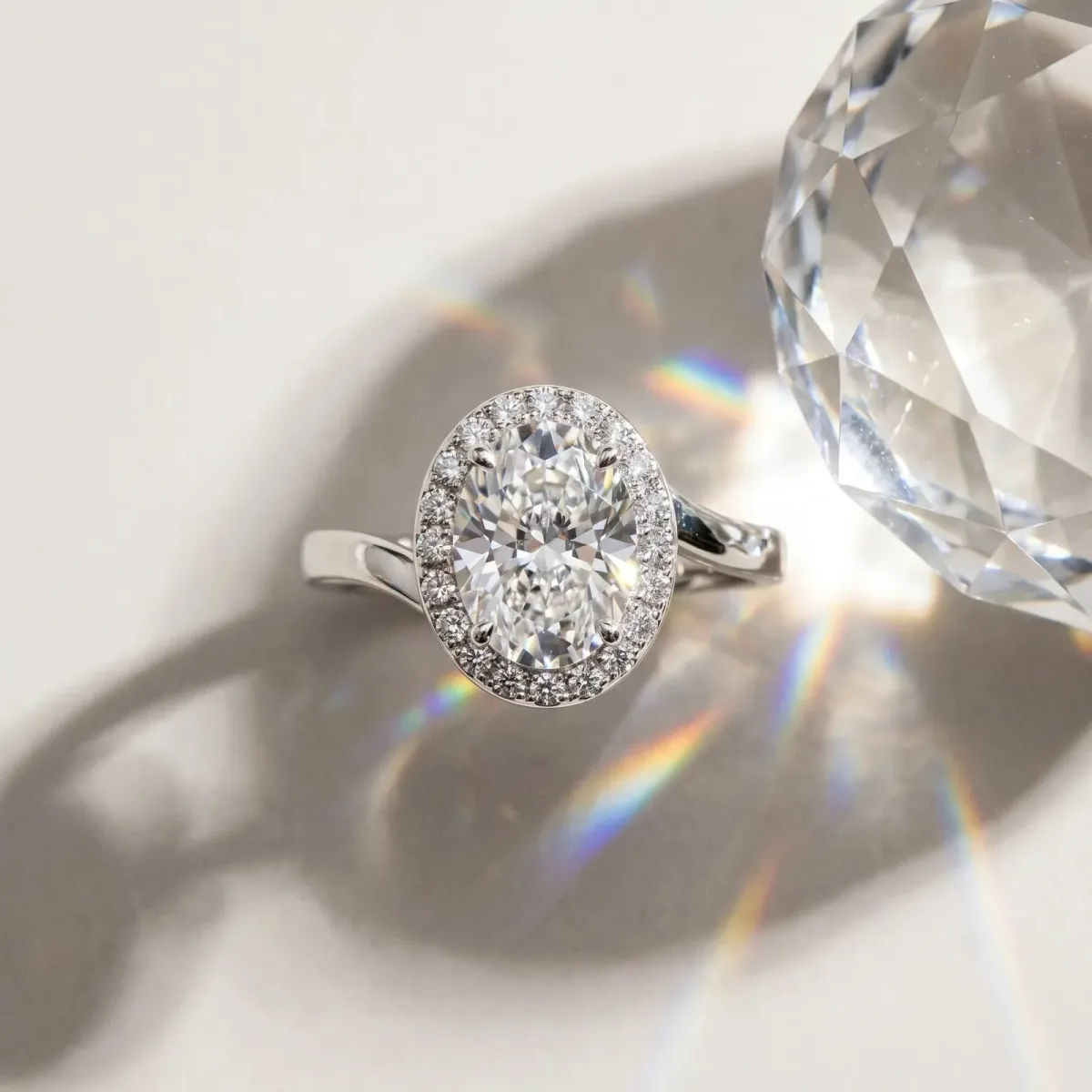 Oval Cut Diamond Bezel Halo Ring with Plain Band Platinum