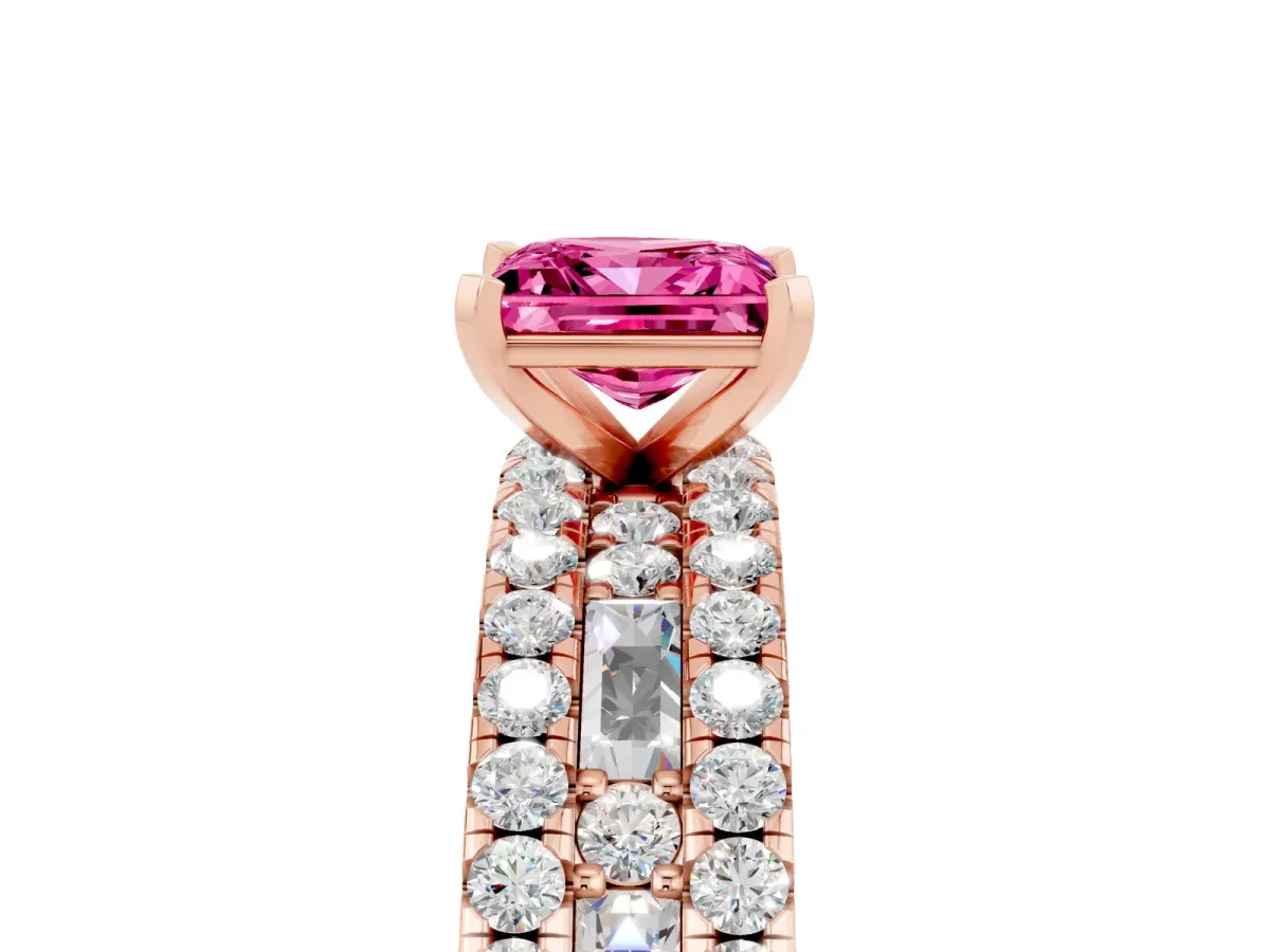 Princess Cut Pink Sapphire Solitaire Ring with Pavé and Channel Set Band Rose gold
