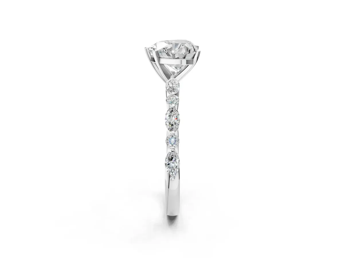 Heart Cut Diamond Ring with Marquise and Round Moissanite Side Stones and Four-Prong Setting Platinum
