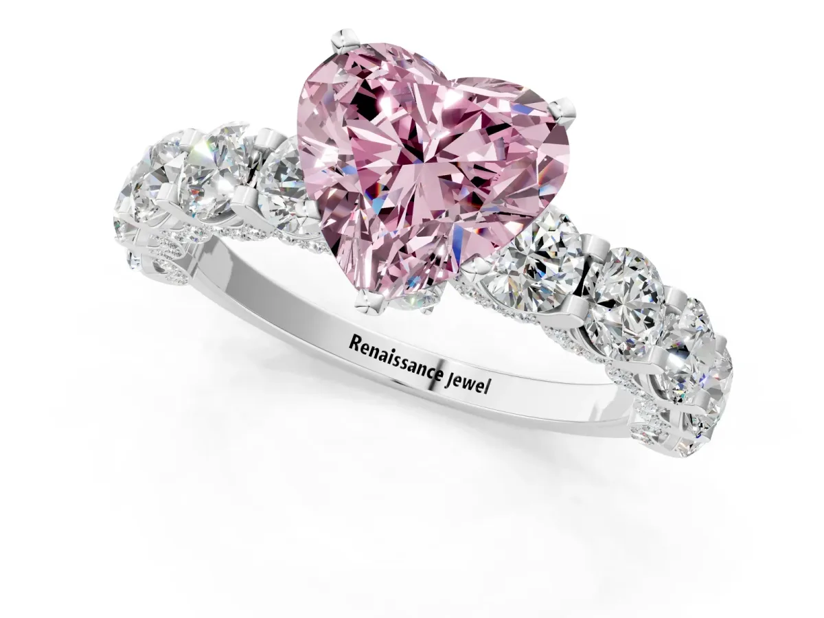Fancy Pink Heart Cut Diamond Side Stone Engagement Ring with Four-Prong Setting Silver