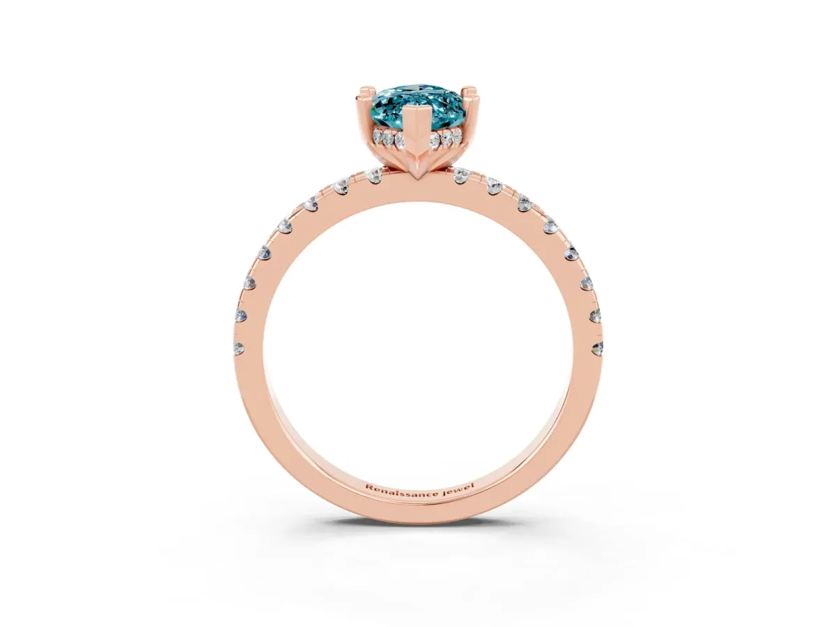 Marquise Cut Blue Topaz Solitaire Ring with Round Pavé Band and Four-Prong Setting Rose gold