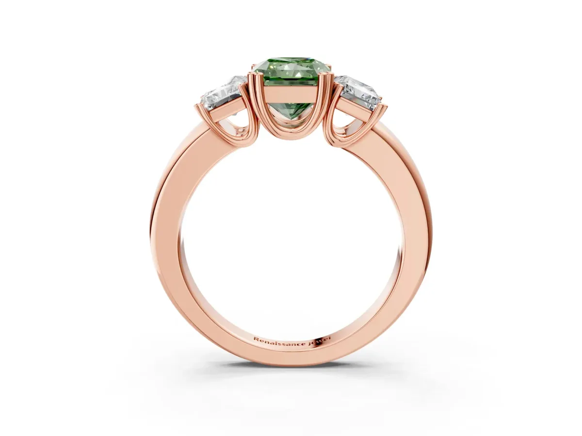 Fancy Green Three-Stone Radiant Cut Cut Diamond Ring with Channel Set Band and Four-Prong Setting Rose gold