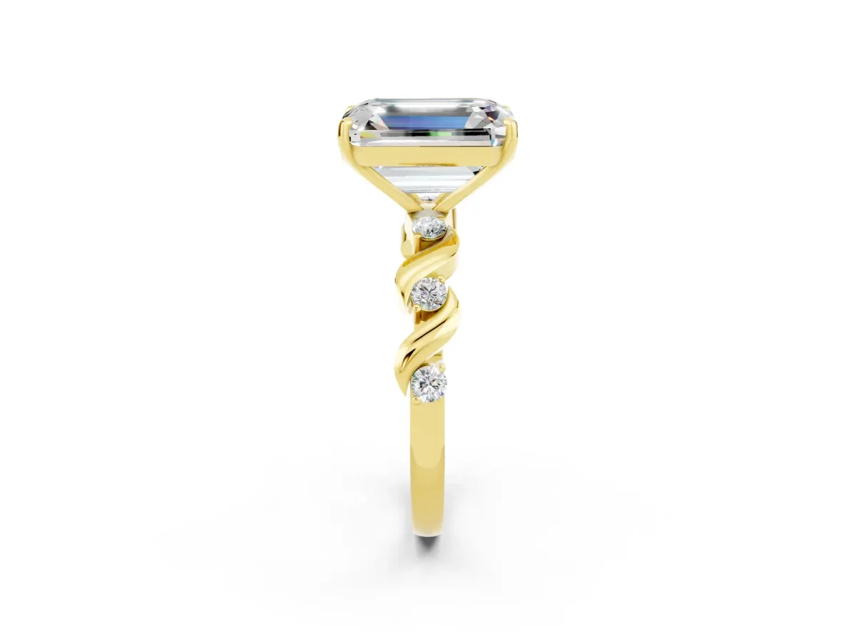 Emerald Cut Moissanite Solitaire Twisted Band with Round Accents and Prong Setting Yellow gold