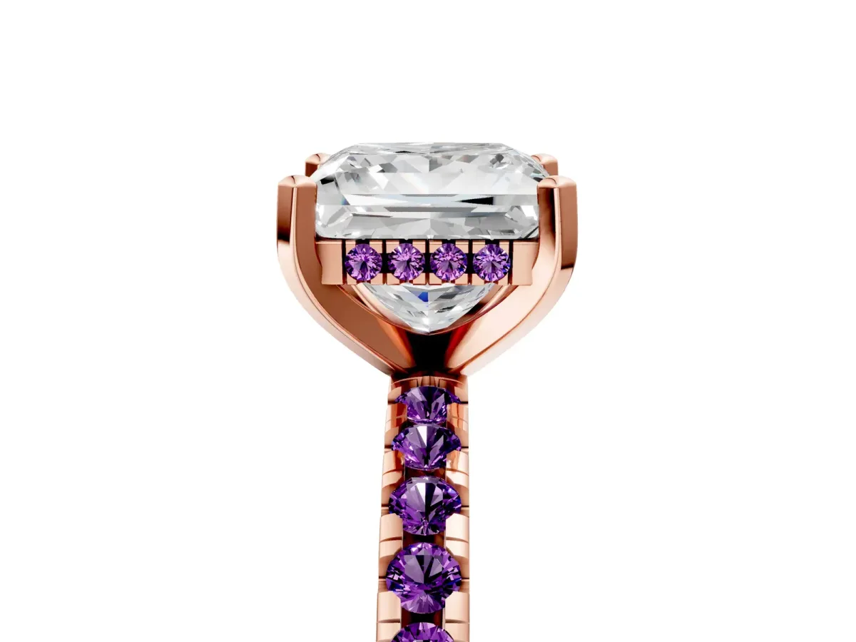 Princess Cut Diamond Solitaire Ring with Round Amethyst Pavé Band and Four-Prong Setting Rose gold