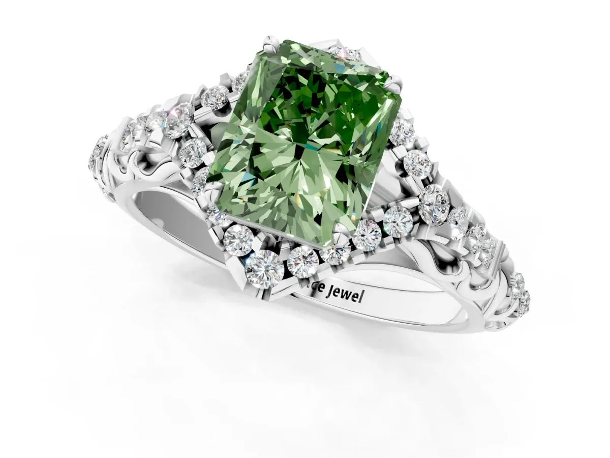 Fancy Green Radiant Cut Diamond Solitaire Ring with Hidden Halo and Pavé Band White gold
