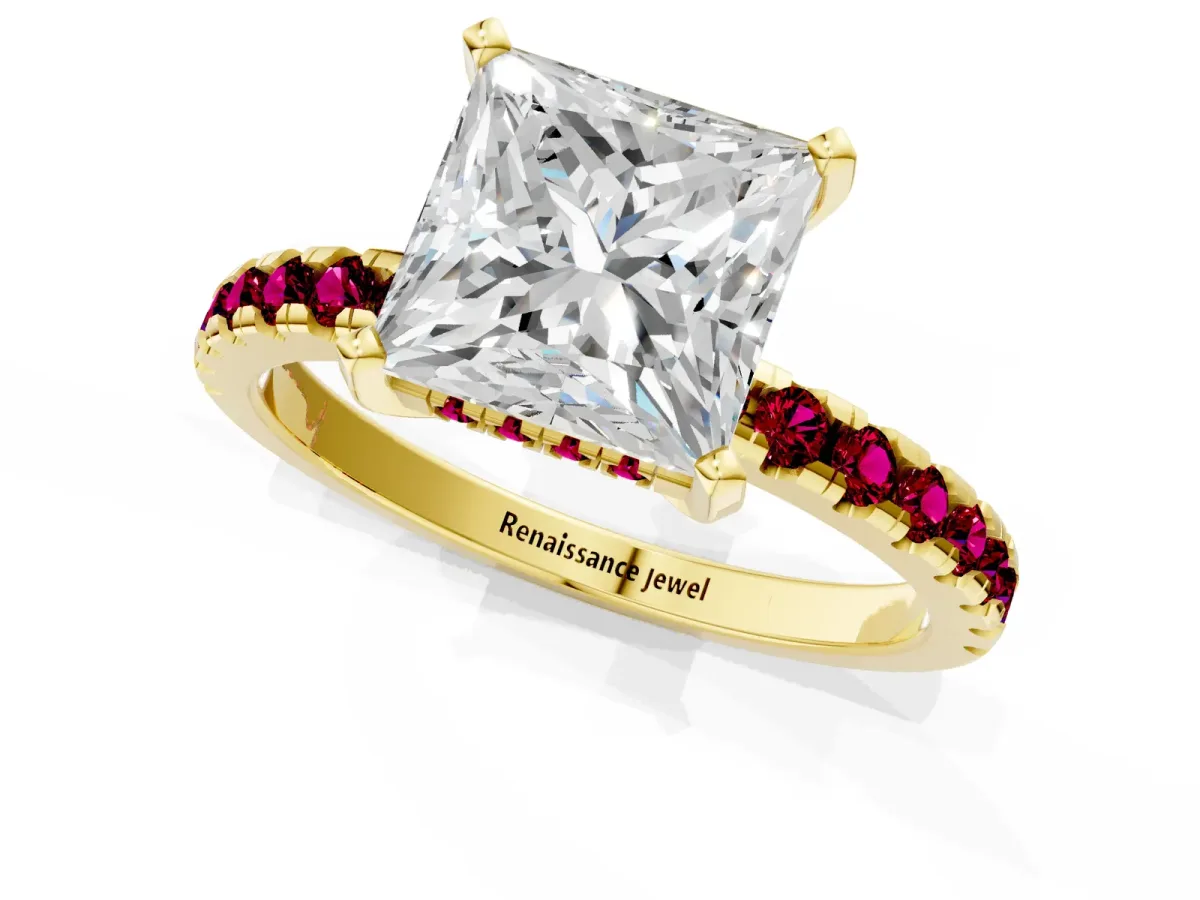 Princess Cut Diamond Solitaire Ring with Round Garnet Pavé Band and Four-Prong Setting Yellow gold