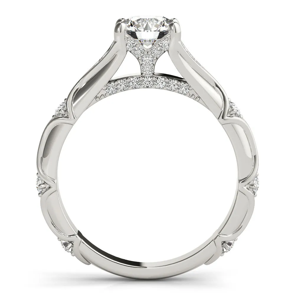 Round Cut Cut Solitaire Engagement Ring with Pave Band and Four-Prong Setting Platinum