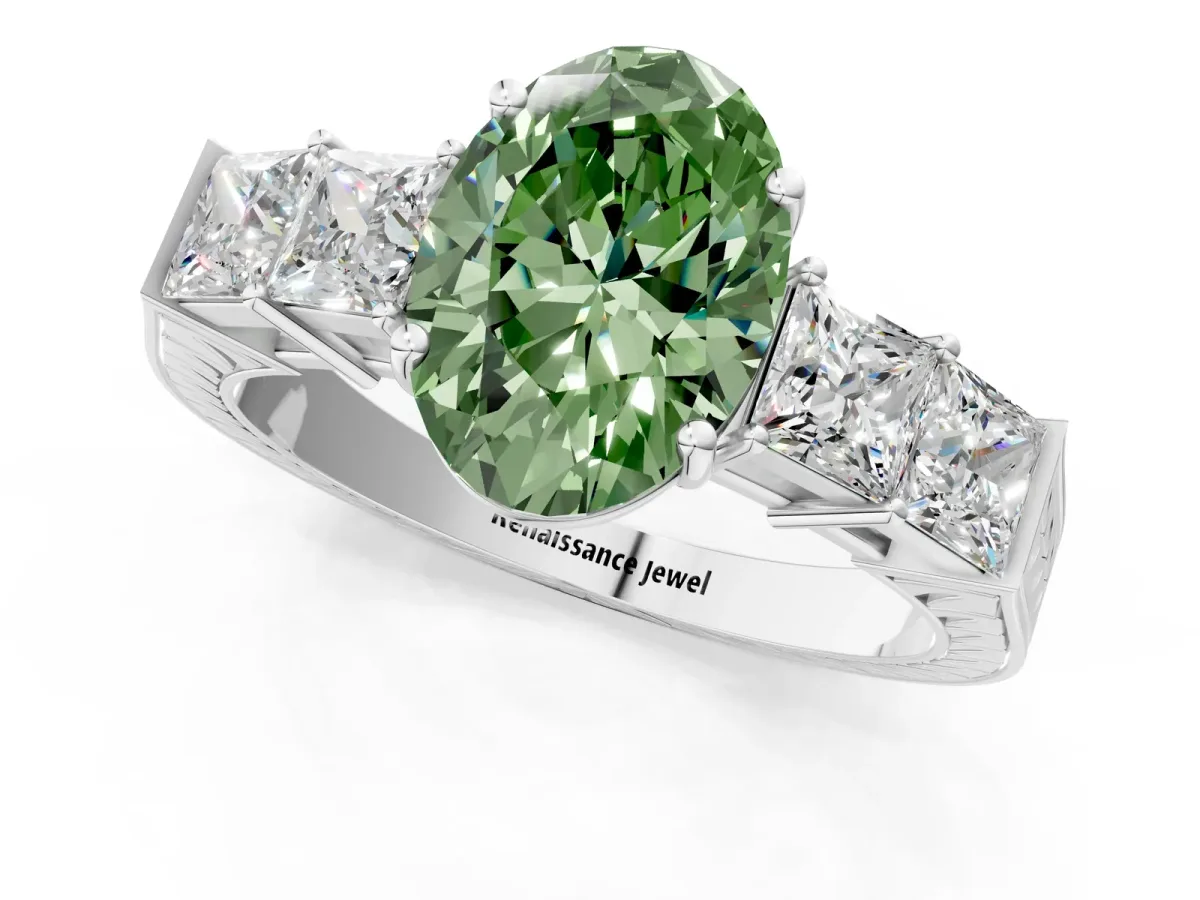 Fancy Green Oval Cut Solitaire Princess Side Stone Engraved Band Prong Setting Ring Platinum
