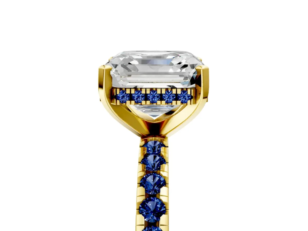 Asscher Cut Diamond Solitaire Ring with Round Blue Sapphire Pavé Band and Four-Prong Setting Yellow gold