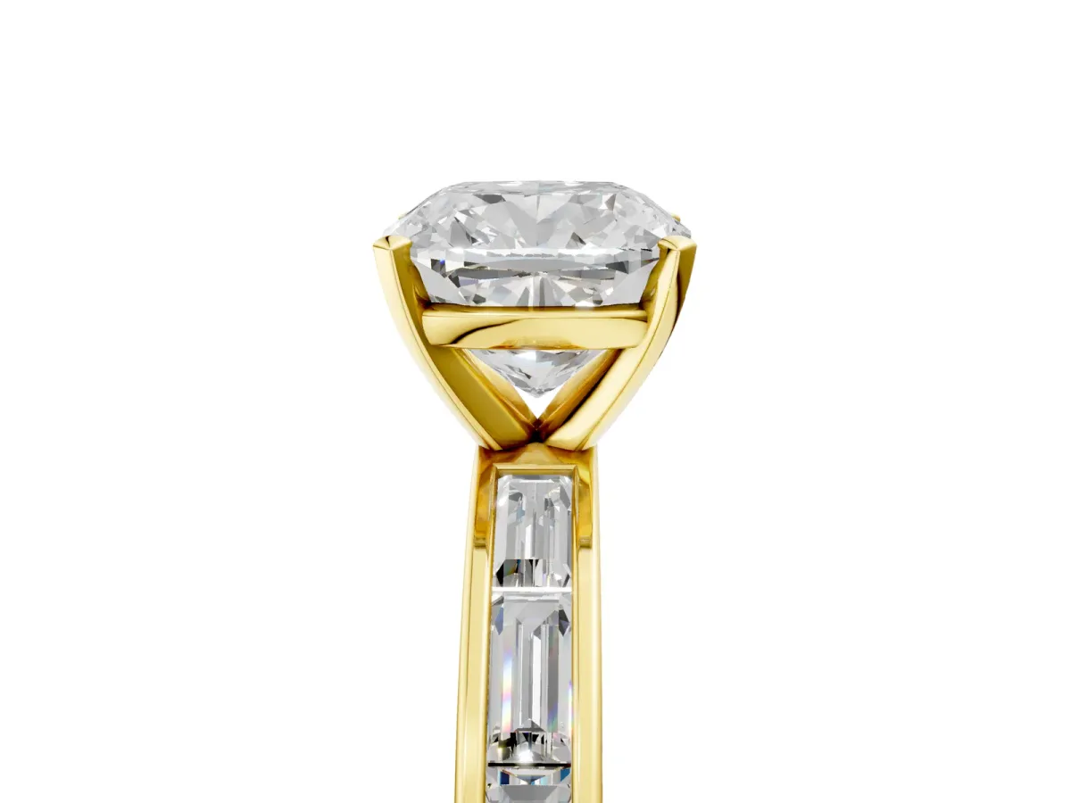 Cushion Cut Solitaire Diamond Ring with Channel-Set Baguette Band and Four-Prong Setting Yellow gold