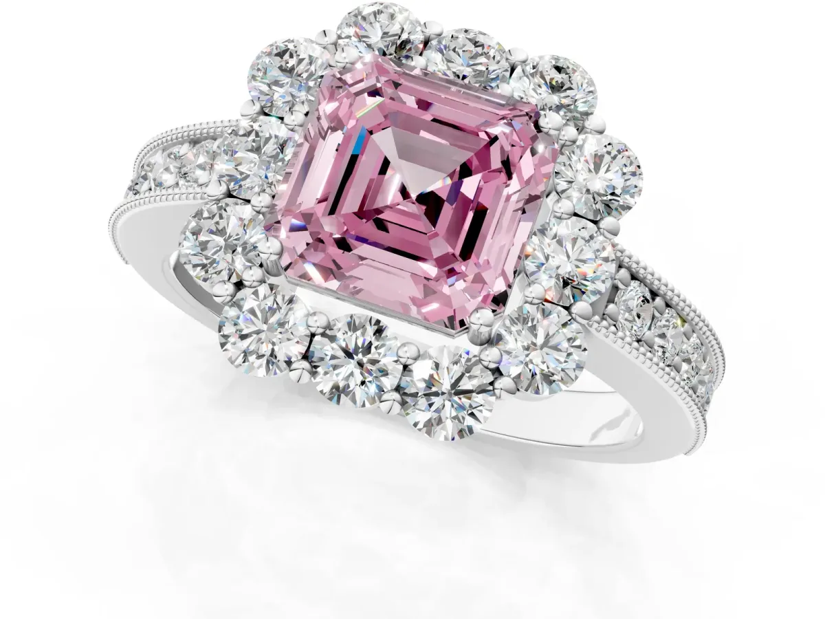 Fancy Pink Asscher Cut Cut Halo Diamond Pavé Engagement Ring with Milgrain Detailing Platinum