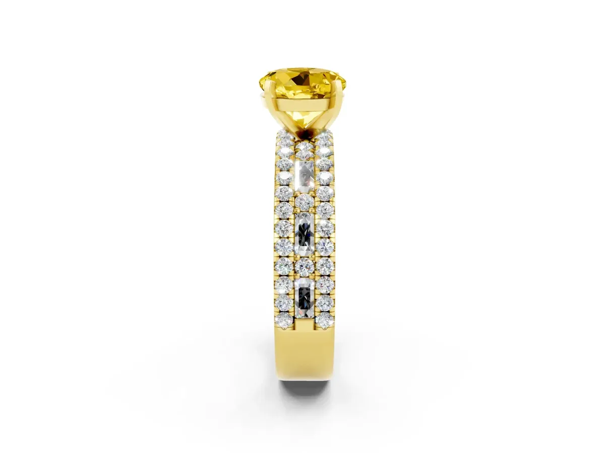Round Cut Yellow Sapphire Solitaire Ring with Pavé and Channel Set Band Yellow gold