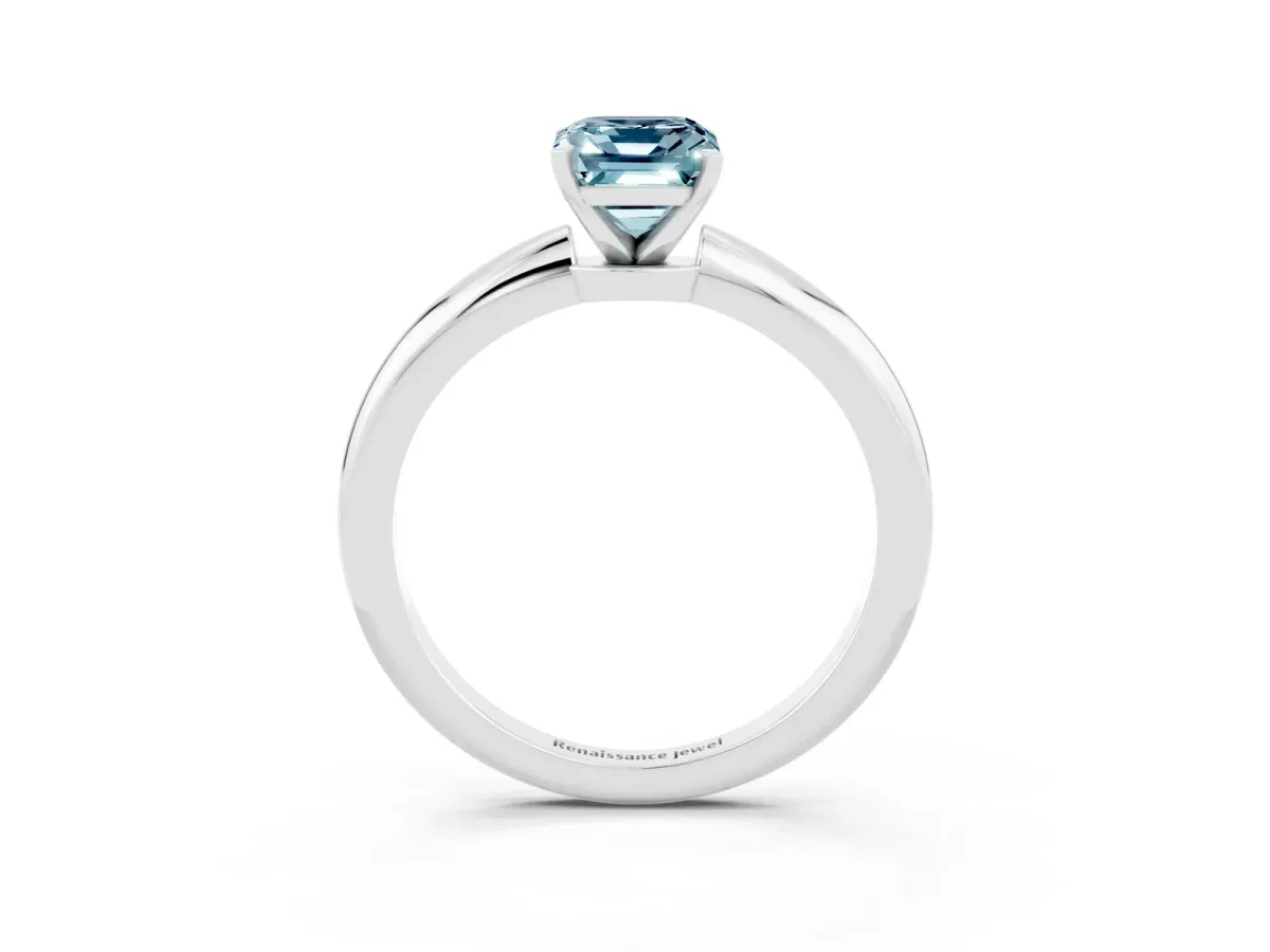 Emerald Cut Aquamarine Solitaire Ring with Six-Prong Setting and Classic Band Silver
