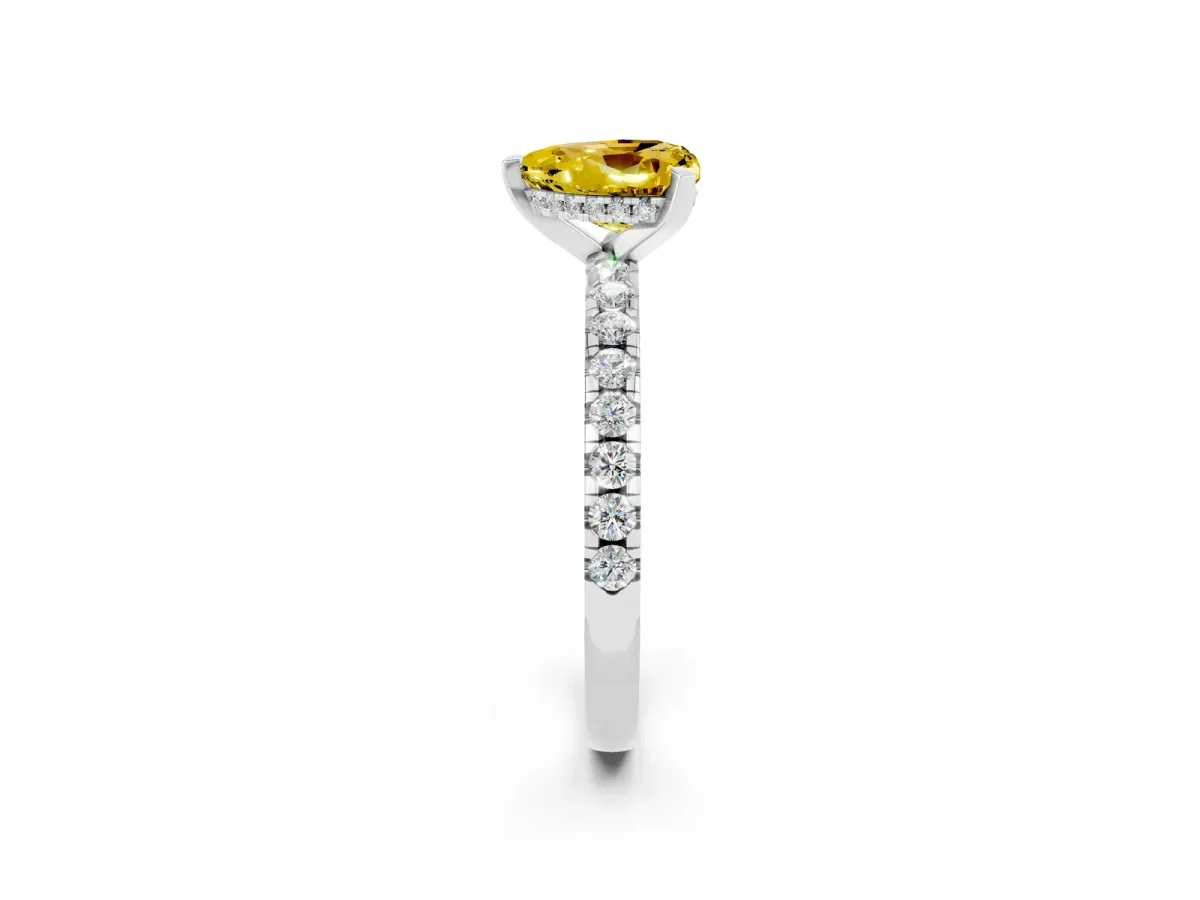 Heart Cut Yellow Sapphire Solitaire Ring with Round Pavé Band and Four-Prong Setting White gold
