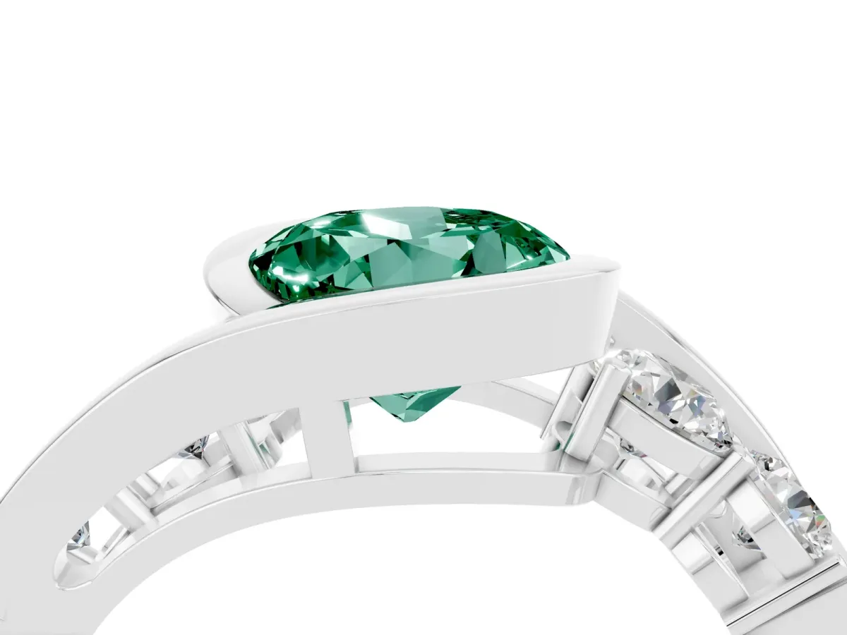 Bezel Set Round Cut Green Sapphire Bypass Ring with Round Accents Silver