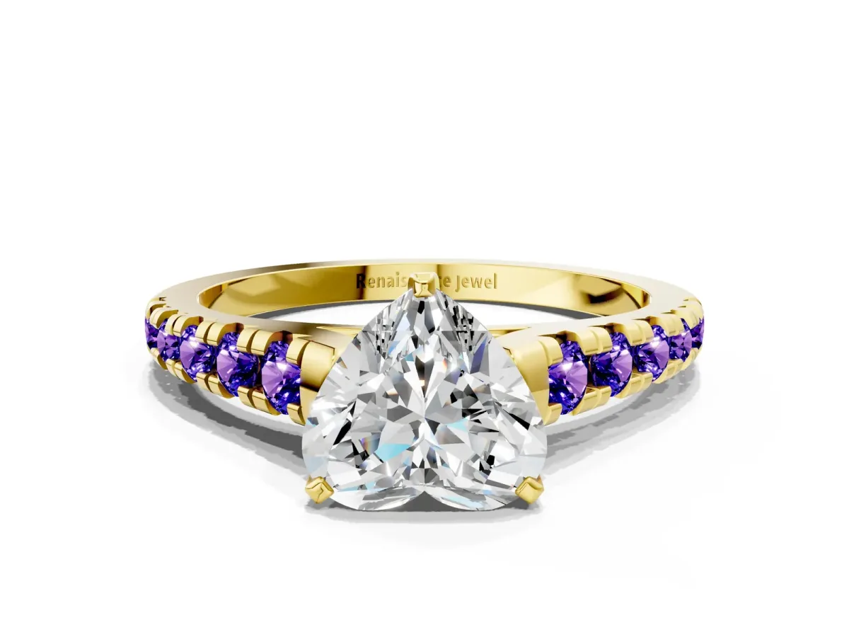 Heart Cut Diamond Cathedral Solitaire Ring with Round Tanzanite Pavé Band Yellow gold