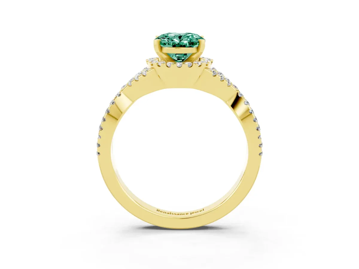 Oval Cut Green Sapphire Halo Twist Band Solitaire Prong Setting Ring Yellow gold
