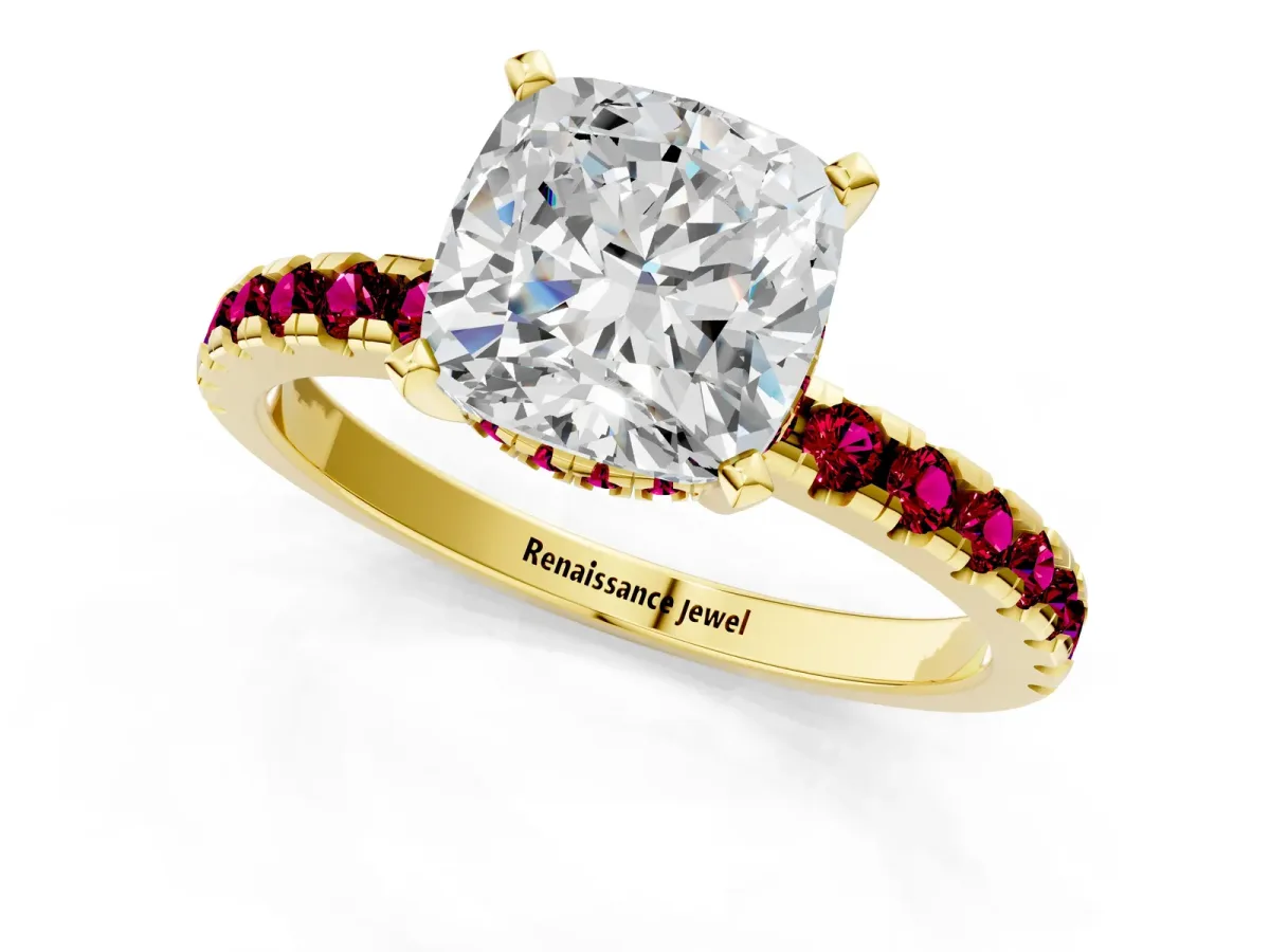 Cushion Cut Diamond Solitaire Ring with Round Garnet Pavé Band and Four-Prong Setting Yellow gold