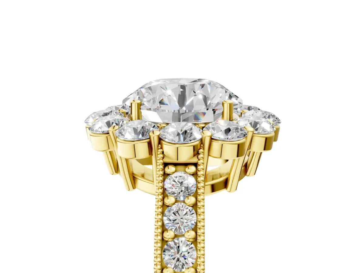 Round Cut Cut Halo Diamond Pavé Engagement Ring with Milgrain Detailing Yellow gold