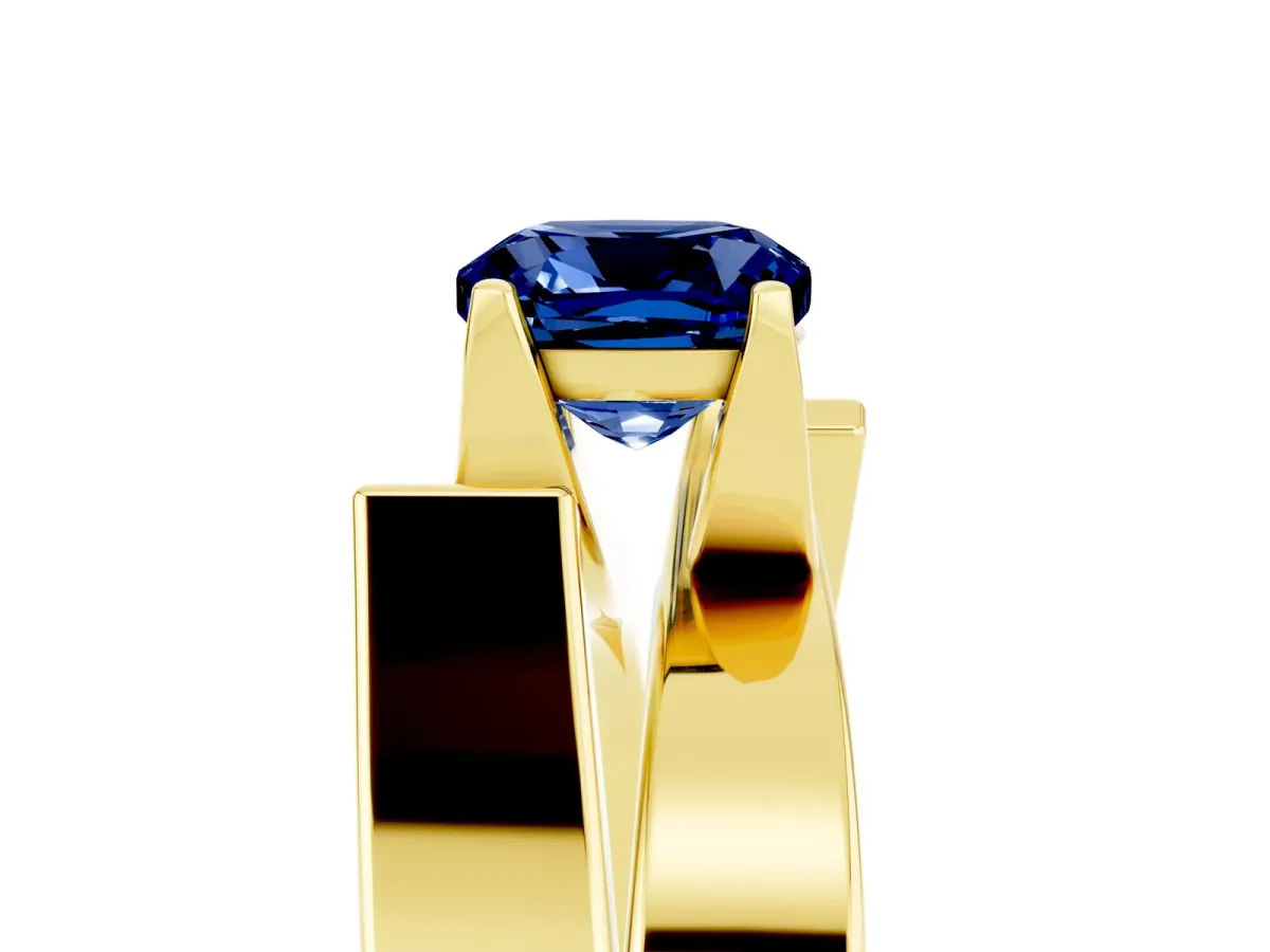Modern Tension Set Cushion Cut Blue Sapphire Solitaire Wide Band Ring Yellow gold