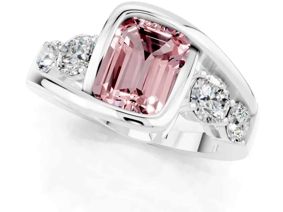 Bezel Set Emerald Cut Morganite Bypass Ring with Round Accents Platinum