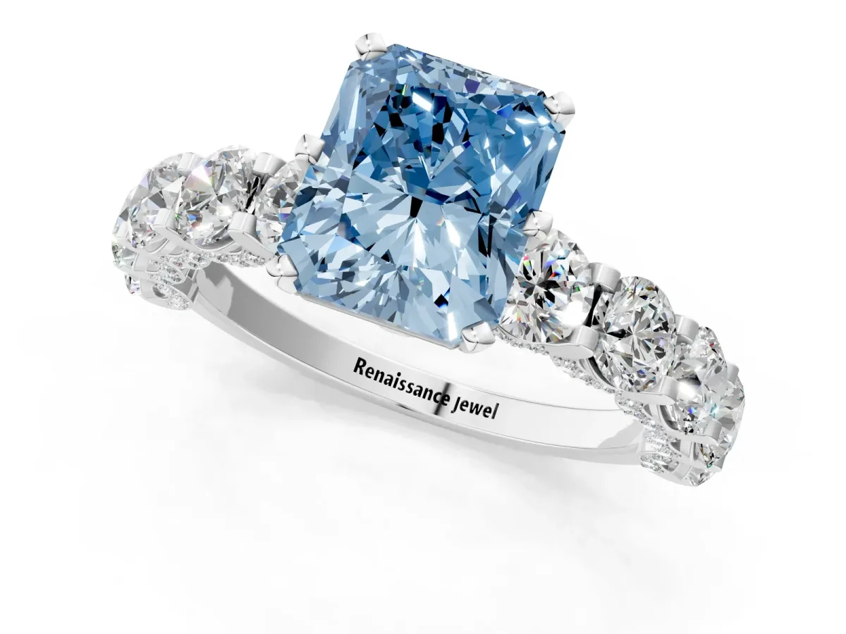Fancy Blue Radiant Cut Diamond Side Stone Engagement Ring with Four-Prong Setting White gold