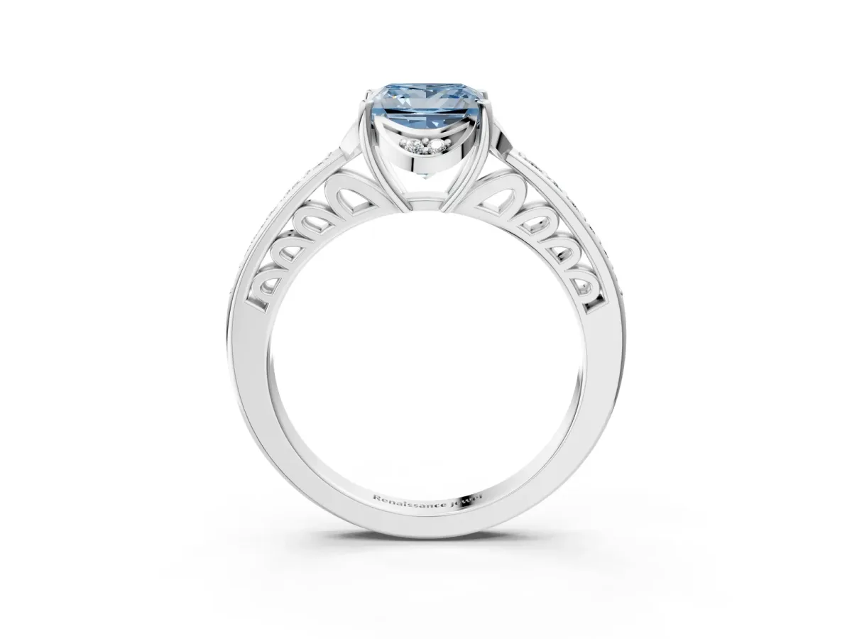 Fancy Blue Princess Cut Cut Halo Diamond Ring with Channel Set Band and Four-Prong Setting White gold