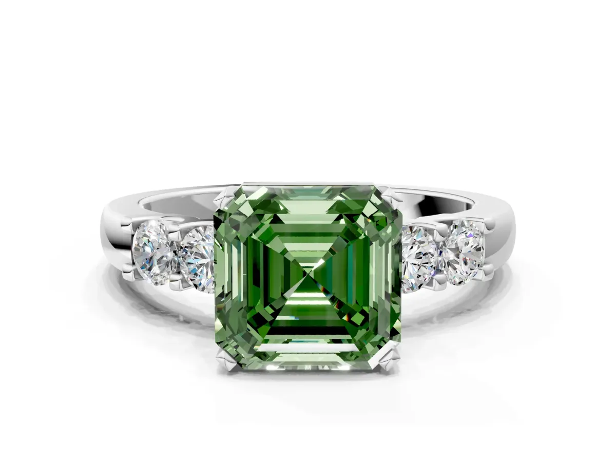 Fancy Green Asscher Cut Brilliant Cut Diamond Five-Stone Prong Set Engagement Ring with Channel Band Platinum