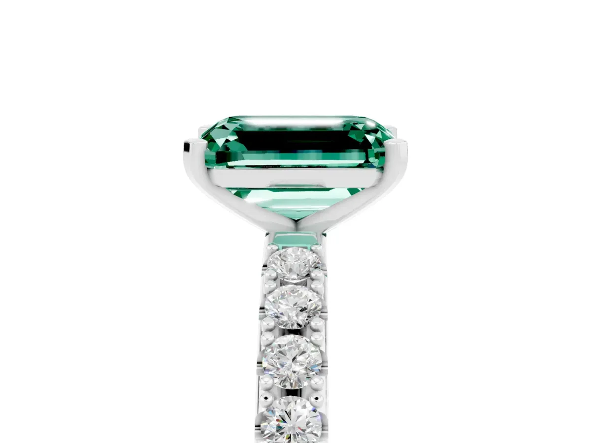 Emerald Cut Green Sapphire Solitaire Pavé Band with Four-Prong Setting Platinum