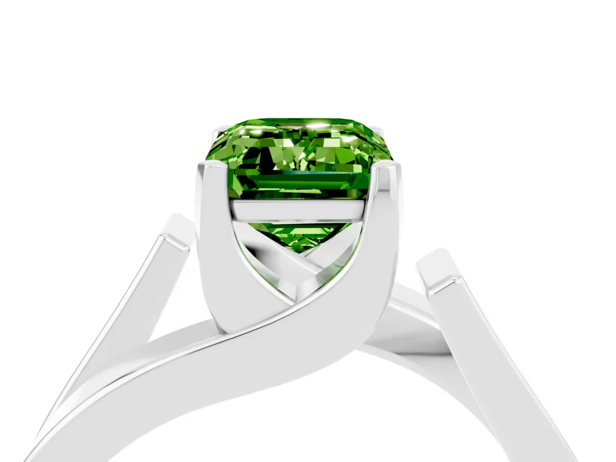 Modern Tension Set Emerald Cut Peridot Solitaire Wide Band Ring Silver