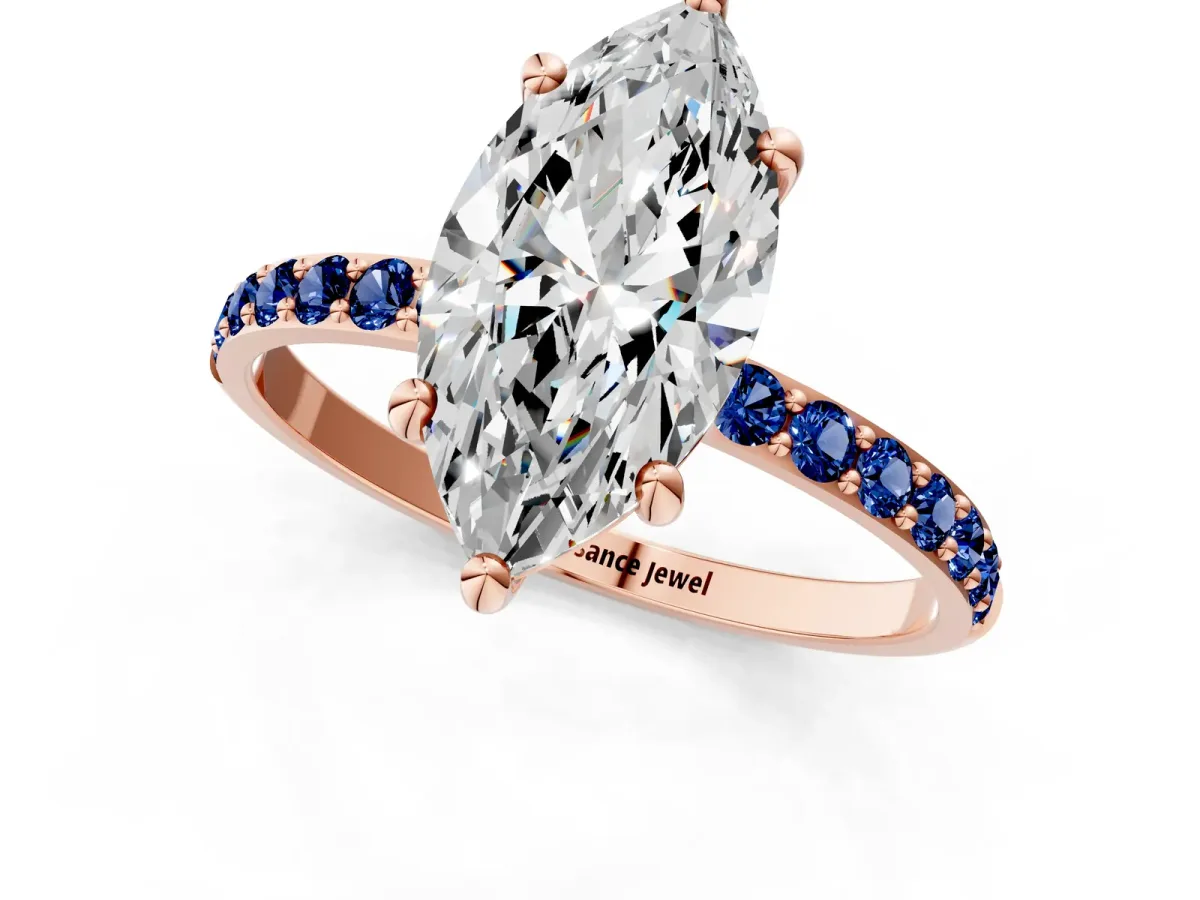 Marquise Cut Diamond Solitaire Ring with Round Blue Sapphire Pavé Band and Prong Setting Rose gold