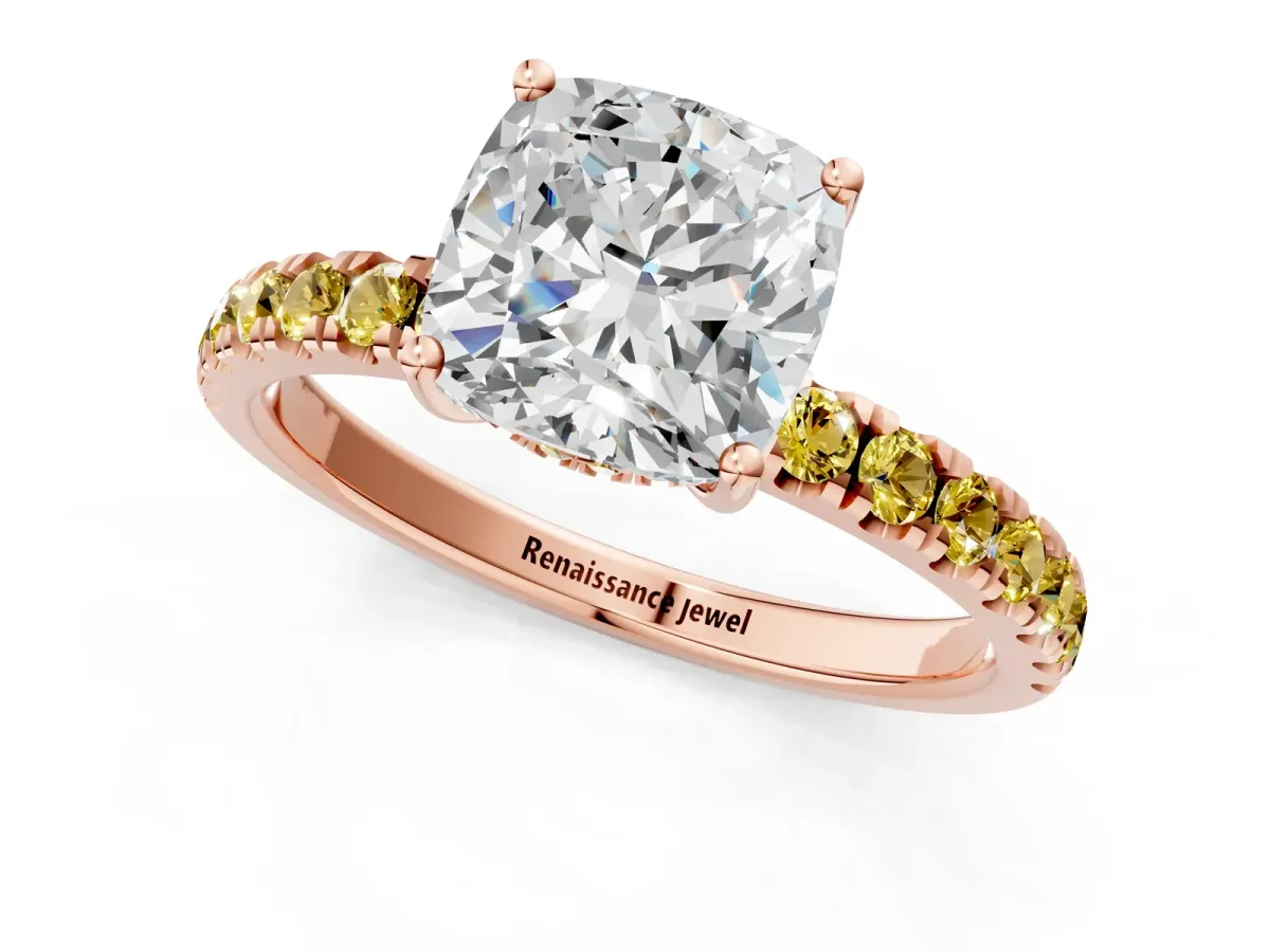 Cushion Cut Diamond Pave Band Solitaire Ring with Round Yellow Sapphire and Prong Setting Rose gold