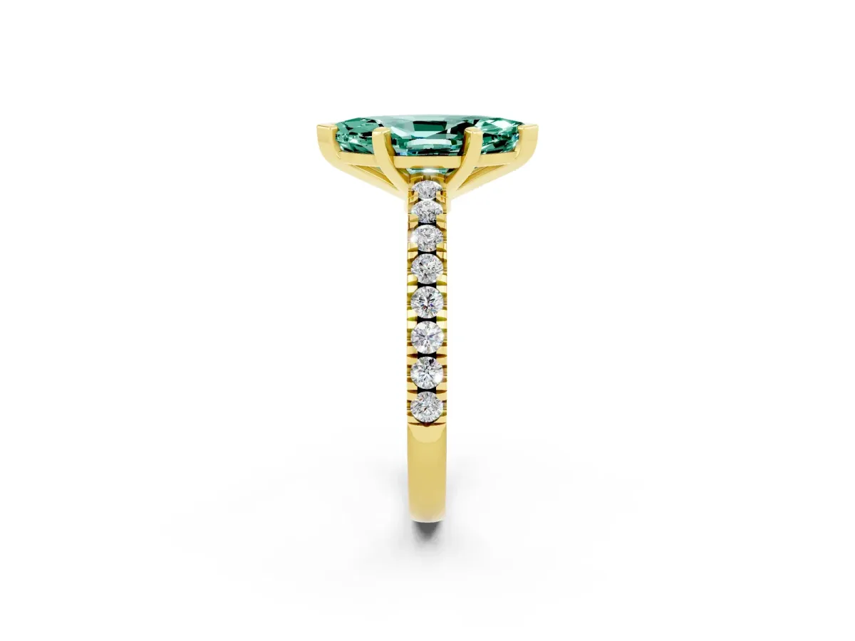 Marquise Cut Solitaire Green Sapphire with Pavé Band and Four-Prong Setting Yellow gold
