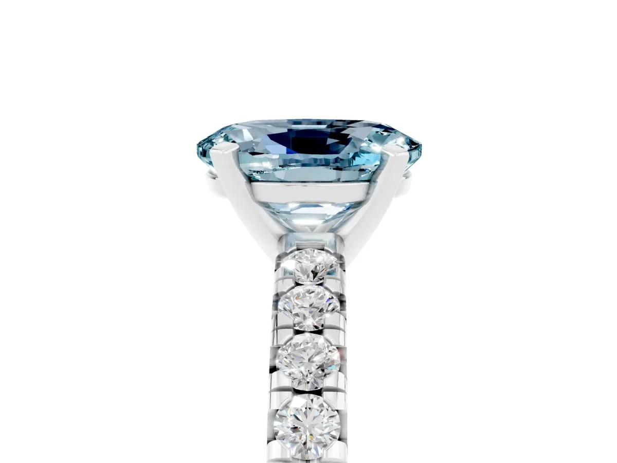 Oval Cut Aquamarine Solitaire Pavé Engagement Ring with Round Band and Prong Setting White gold
