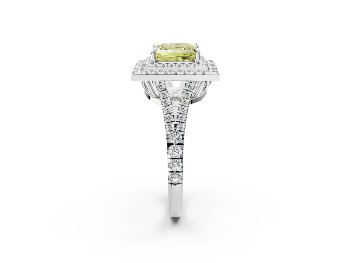 Fancy Yellow Princess Cut Diamond Double Halo Ring with Pavé Band and Prong Setting White gold