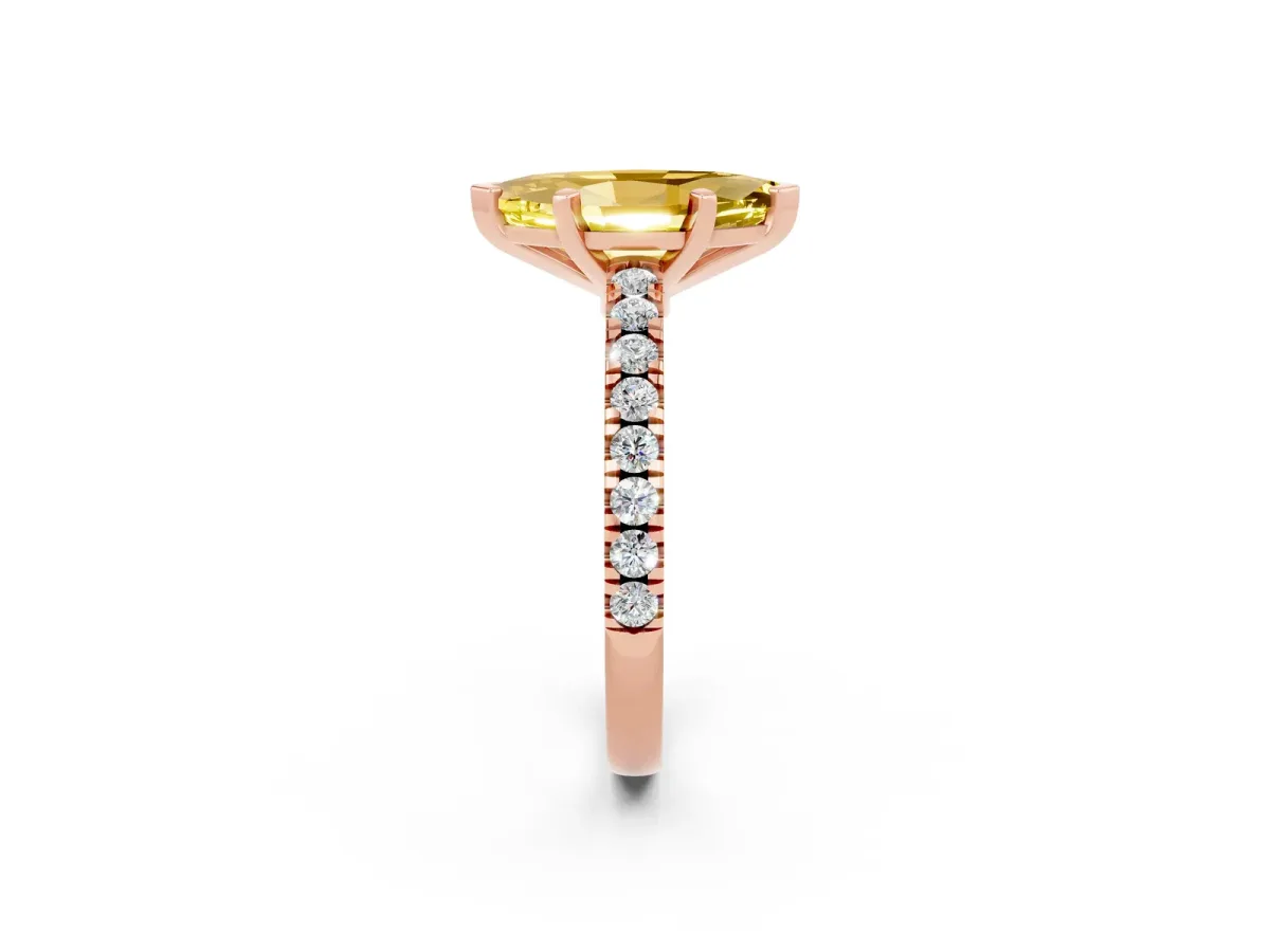 Marquise Cut Solitaire Yellow Sapphire with Pavé Band and Four-Prong Setting Rose gold
