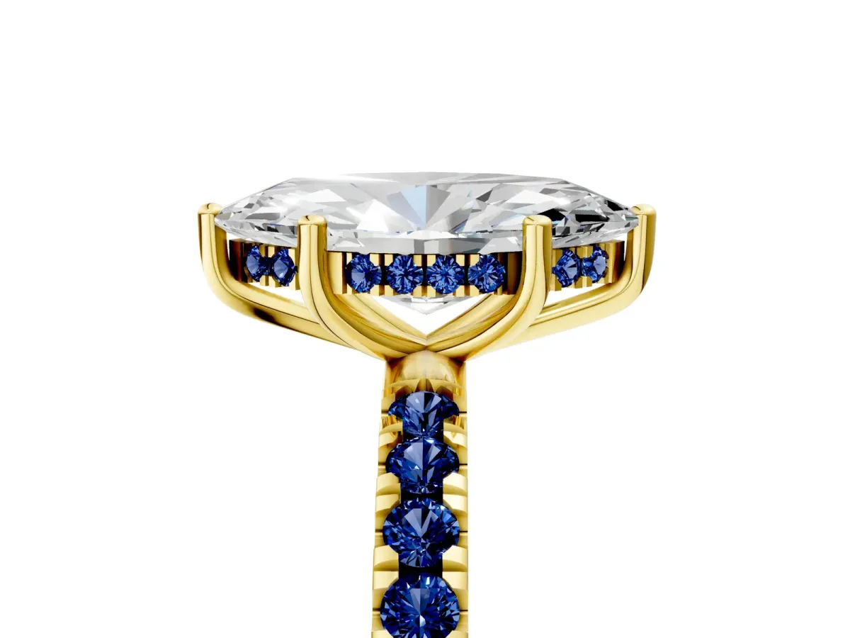 Marquise Cut Diamond Pave Band Solitaire Ring with Round Blue Sapphire and Prong Setting Yellow gold